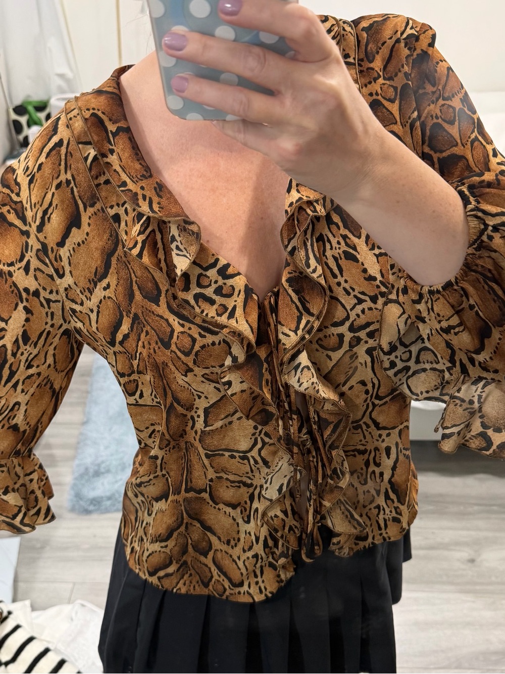 Zara Brown Snake-Print Ruffle V-Neck Blouse